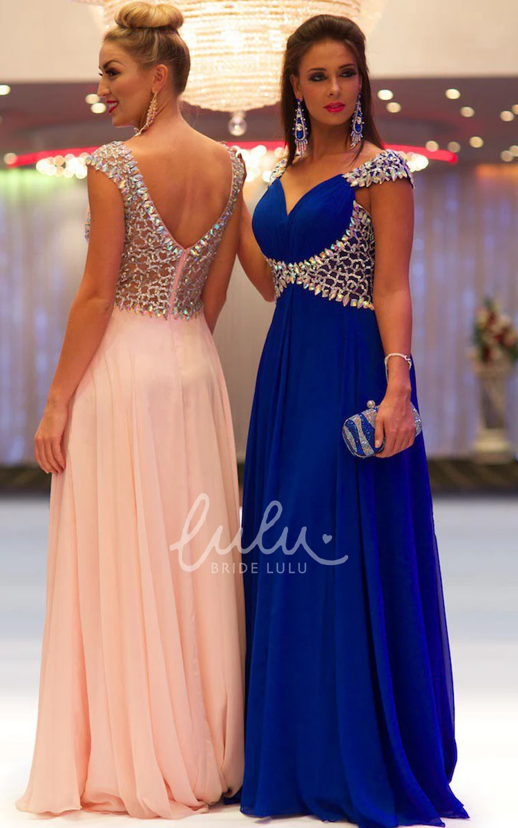 V-Neck Sheath Prom Dress with Cap-Sleeves and Beaded Details