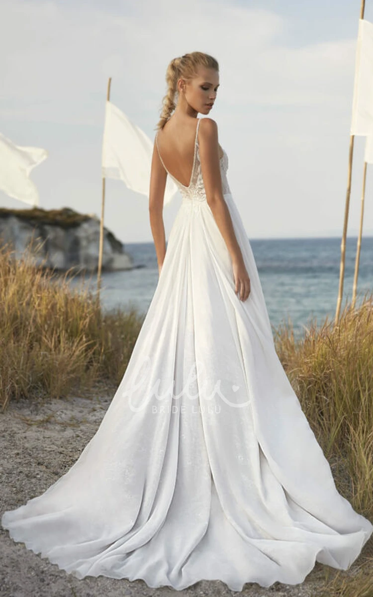 Vintage Country Beach A-Line Bohemian Wedding Dress Sexy Chic Deep-V Back Bridal Gown with Sweep Trian
