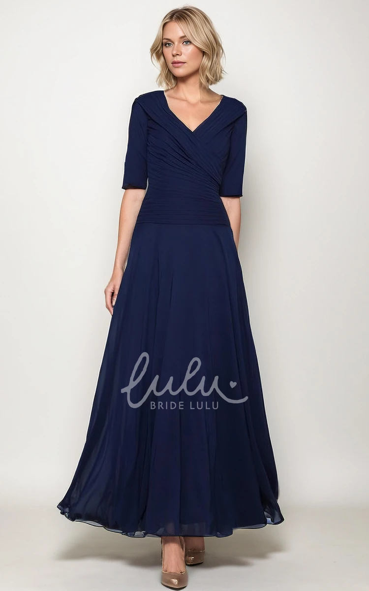 Simple Casual Modest A-Line V-Neck Ankle-Length Chiffon Half Sleeves Mother of the Bride Dress