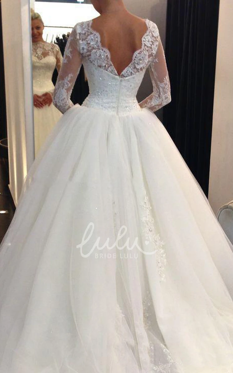 Tulle Lace A-Line Wedding Dress with High Neck and Bell Sleeves