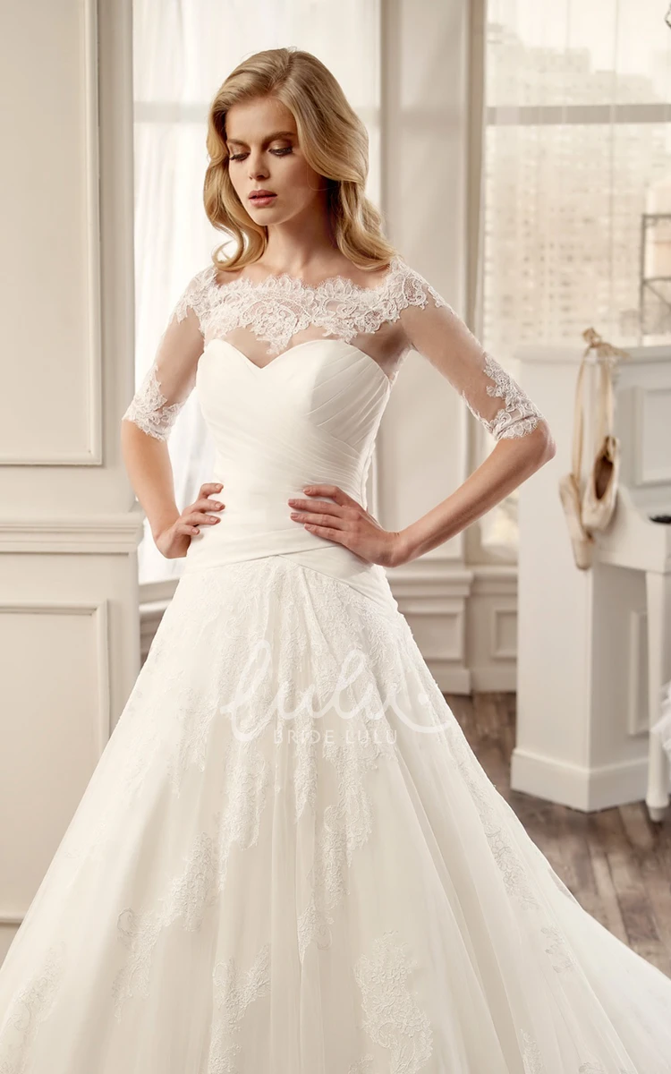 Long Wedding Dress with Pleated Skirt and Half-Sleeves Classic Bridal Gown