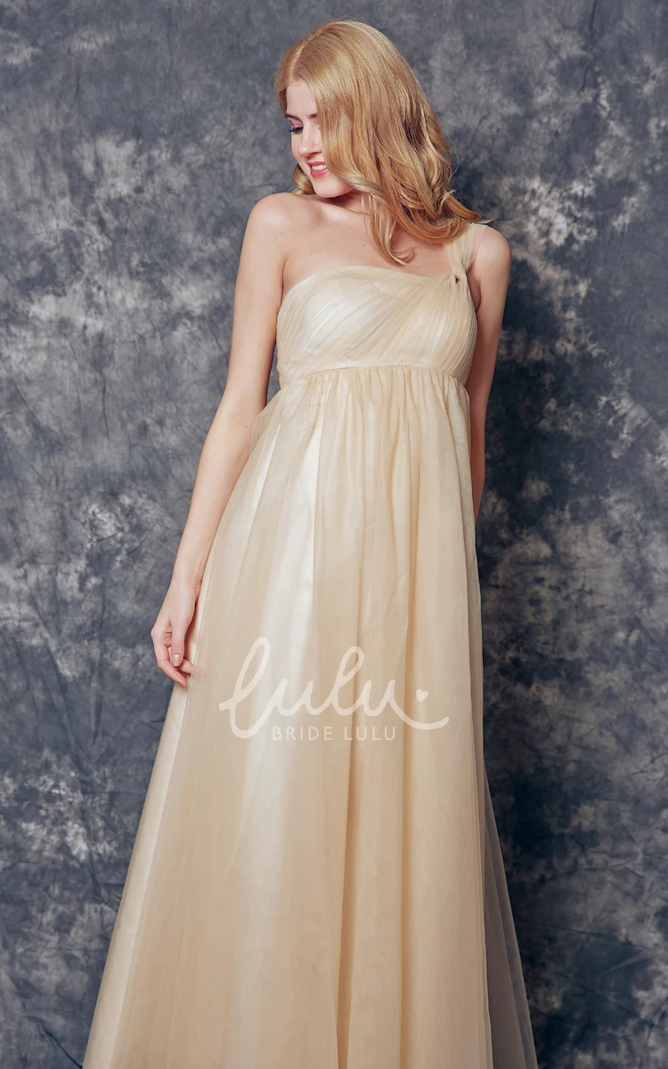 Pleated One Shoulder Tulle Bridesmaid Dress with Flowy Skirt