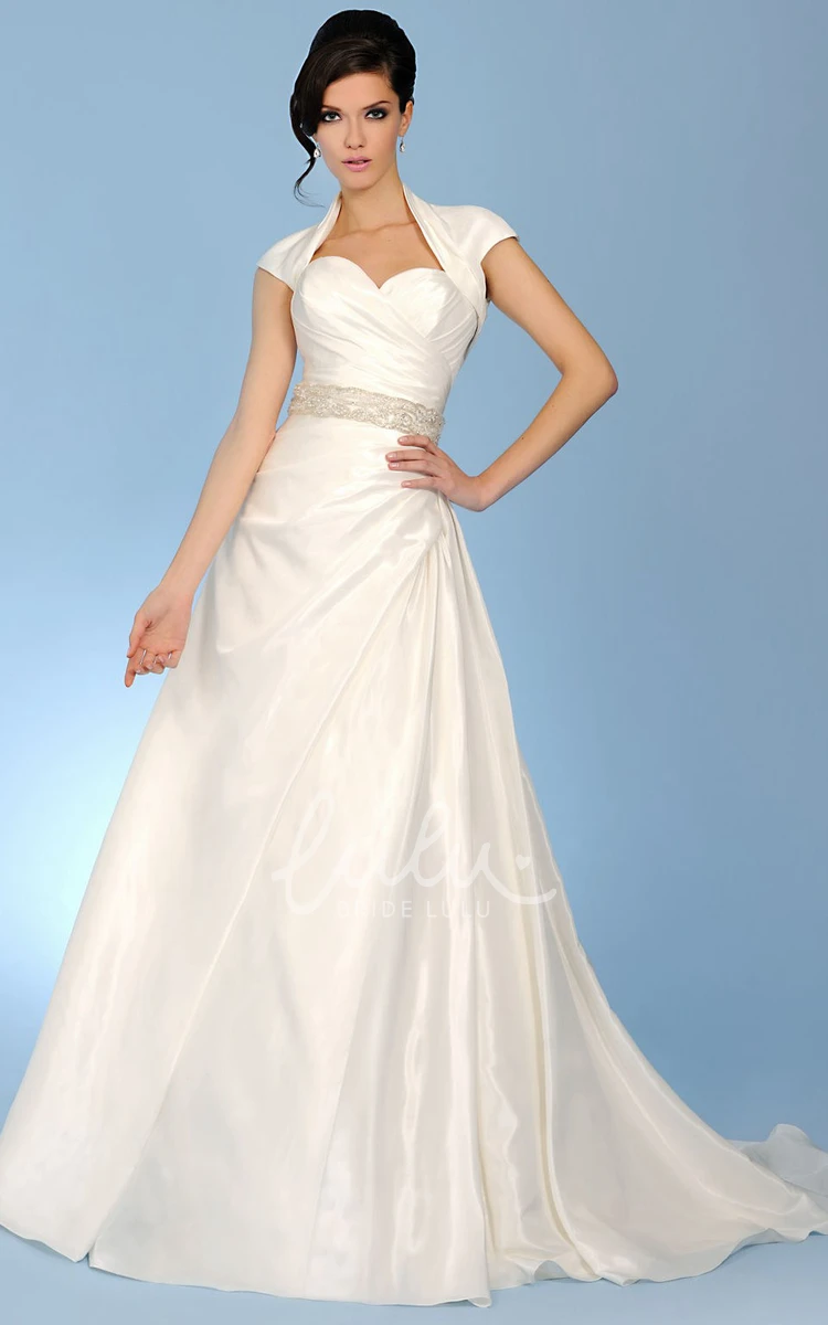 Cap-Sleeve Jeweled Taffeta Wedding Dress with Side Draping and Cape A-Line