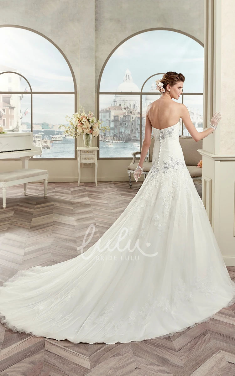 Pleated Strapless A-Line Wedding Dress with Fine Appliques and Court Train