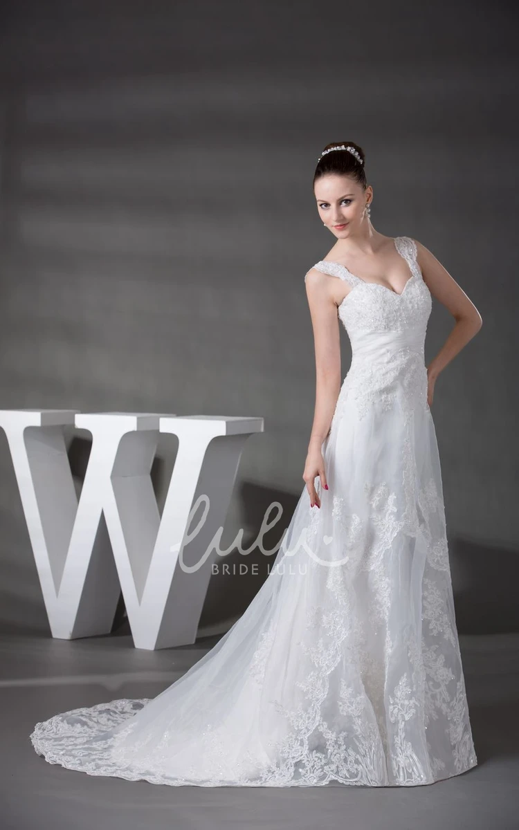 Lace A-Line Wedding Dress with Appliques Plunged Ruched Bridal Gown