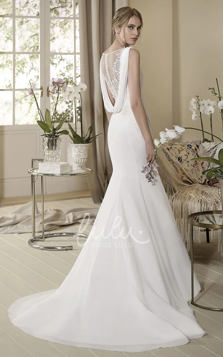 V-Neck Appliqued Chiffon Sheath Wedding Dress with Sleeveless Maxi Design