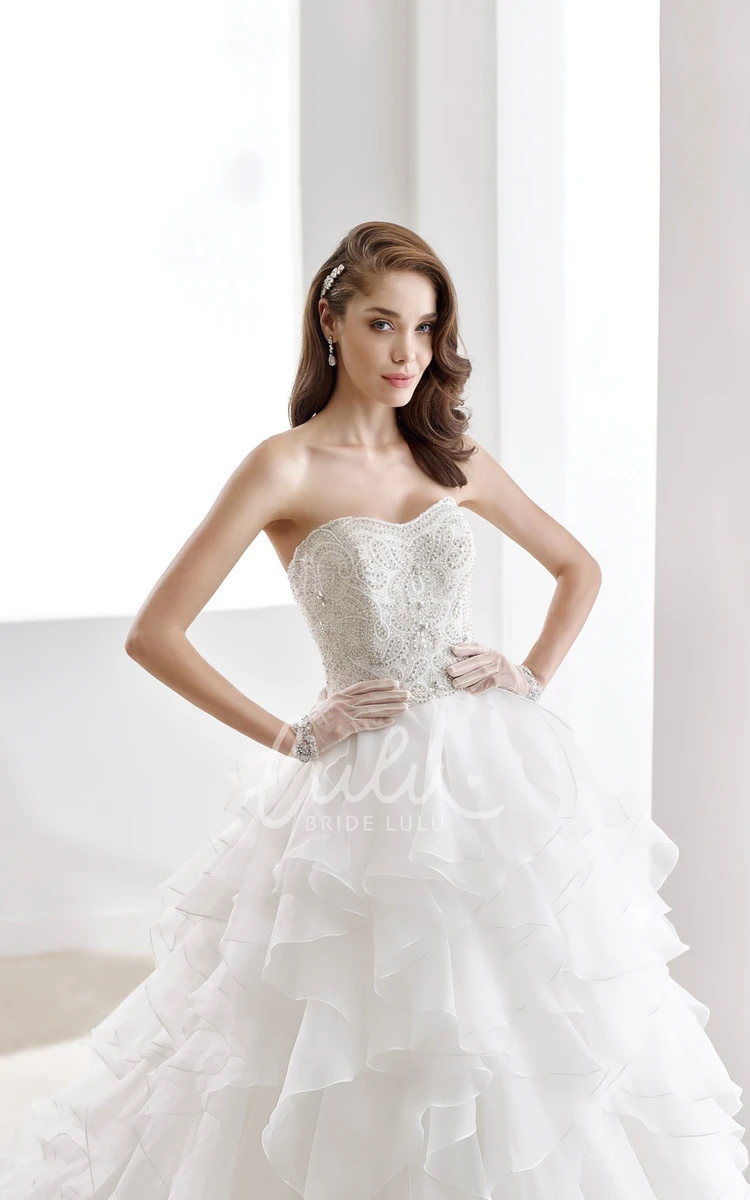 A-line Wedding Dress with Ruching Beaded Bodice and Cascading Ruffles Strapless