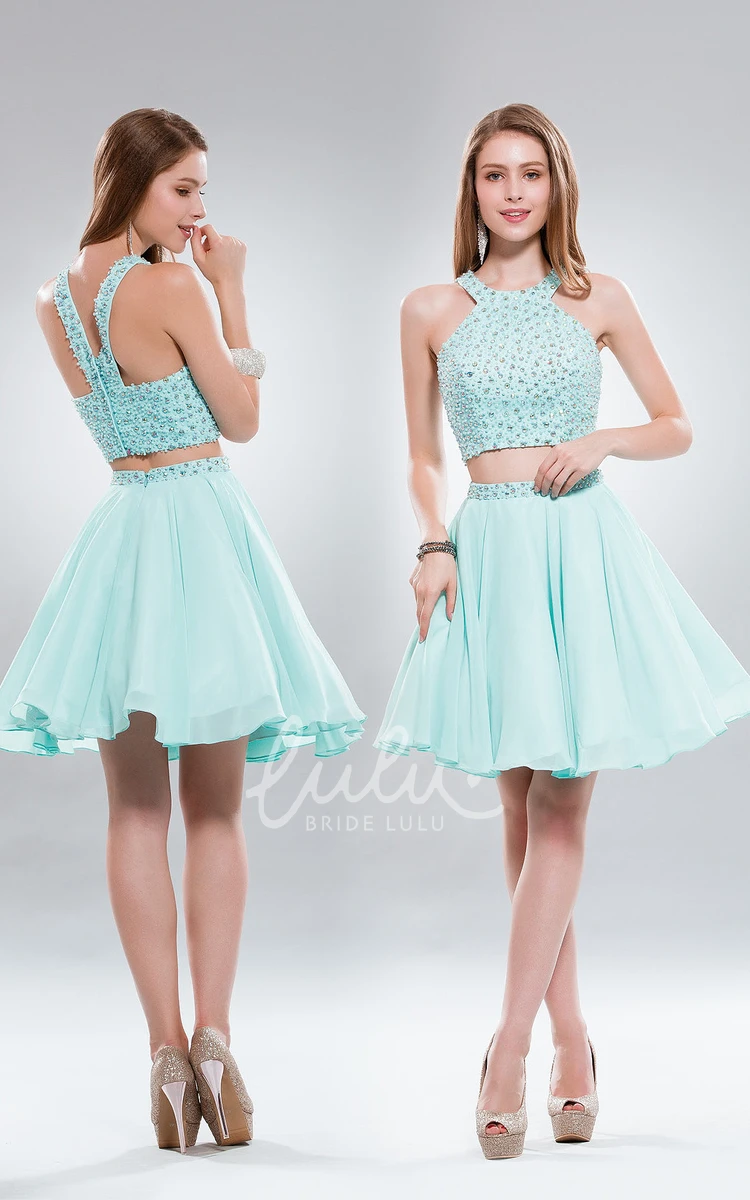 Two-Piece Chiffon Beaded Dress with A-Line Mini Skirt and Scoop Neck