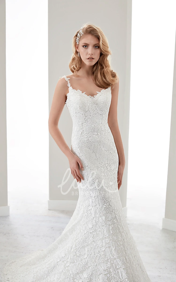 Sheath Lace Wedding Dress with Spaghetti Straps and Brush Train