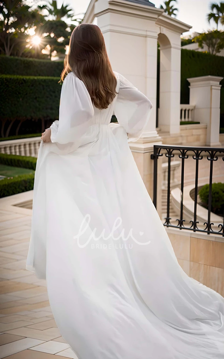 Elegant Solid A-Line Pleats Chiffon Floor-length Wedding Dress Vintage Sexy Balloon Long Sleeve Plunging V-Neck Bridal Gown with V Back Train Sash