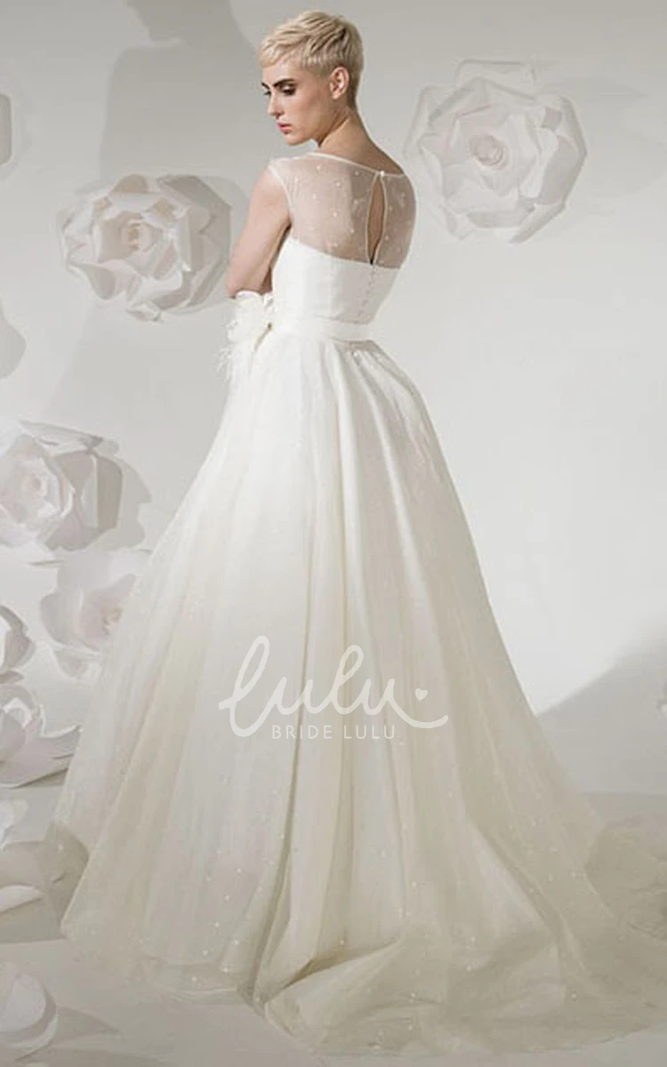 Illusion Flower Tulle Wedding Dress Ball Gown with Bateau-Neckline