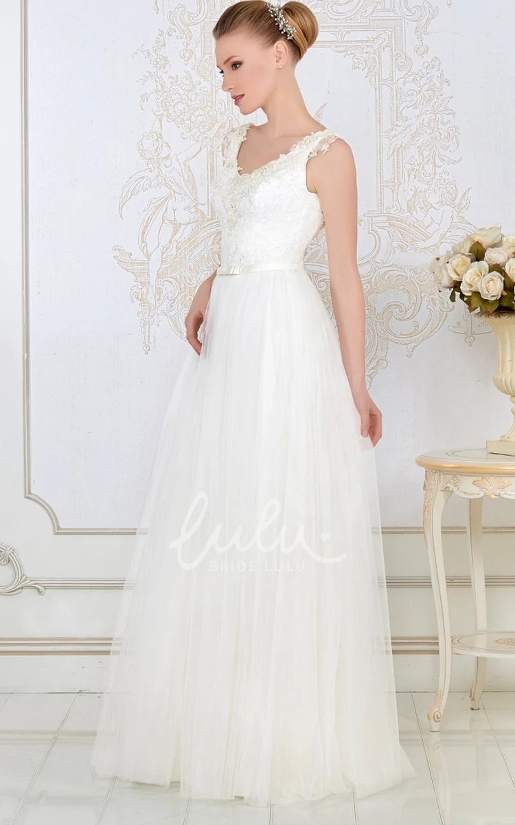 Pleated Tulle A-Line Wedding Dress Sleeveless V-Neck Floor-Length Appliqued