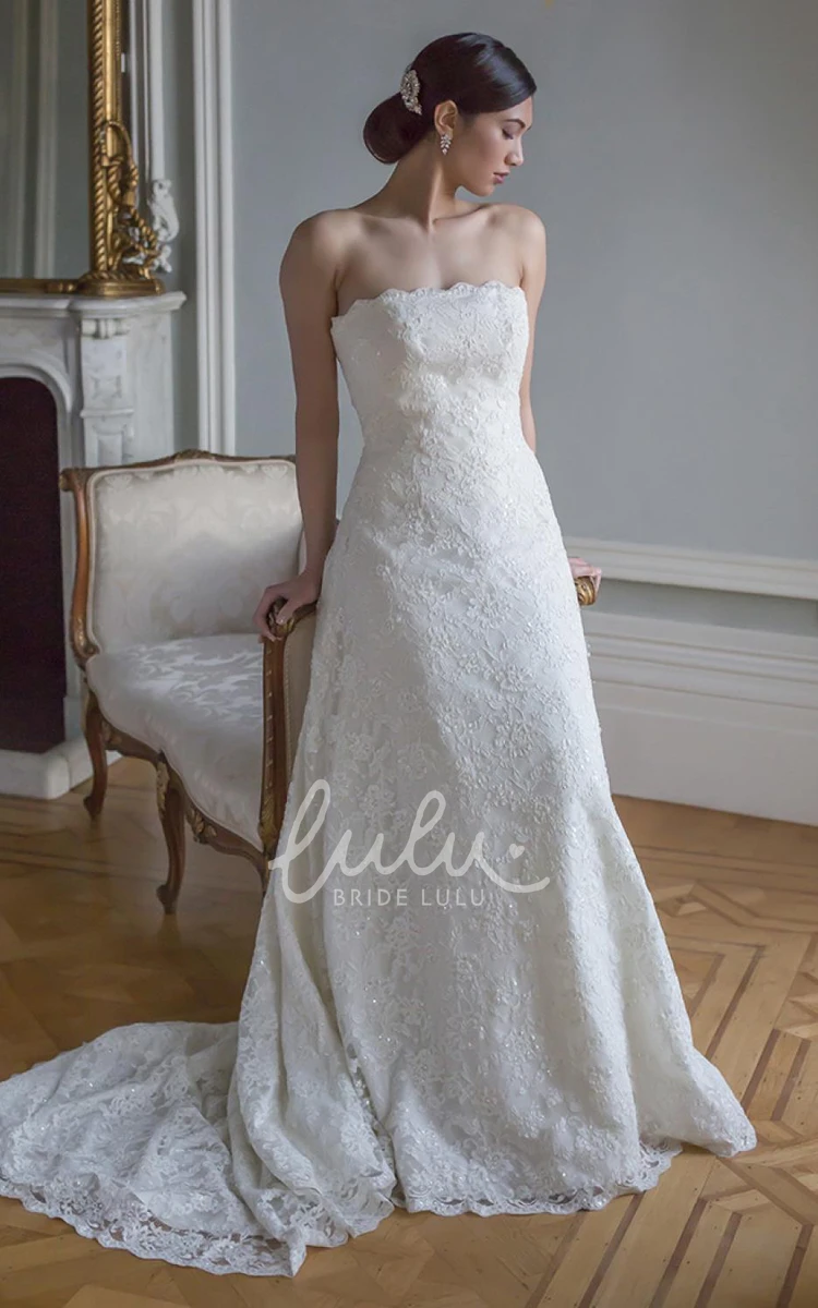 Strapless Sequined Lace Wedding Dress with Appliques and Court Train in A-Line Style