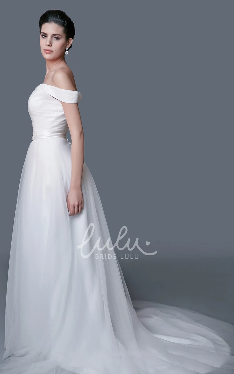 A-line Tulle Wedding Dress with Off-the-shoulder Neckline and Elegant Style