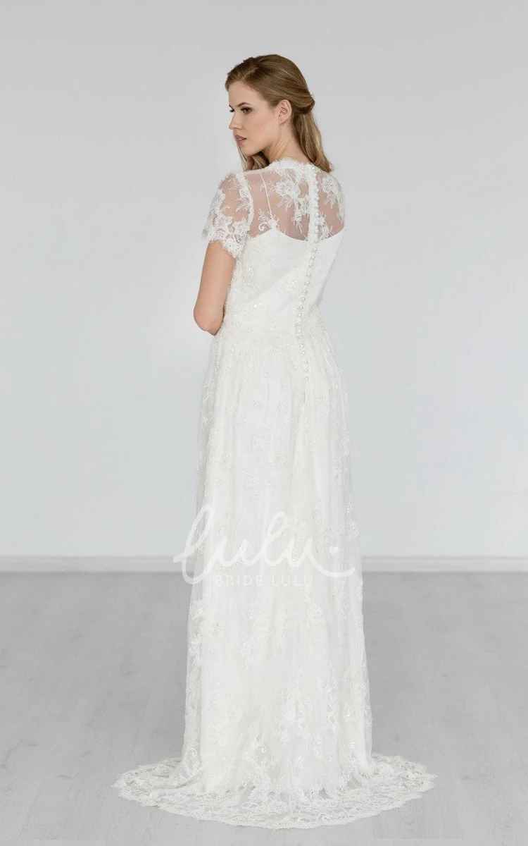 Boho Lace A-Line Wedding Dress with Brush Train High Neck Cap Sleeve