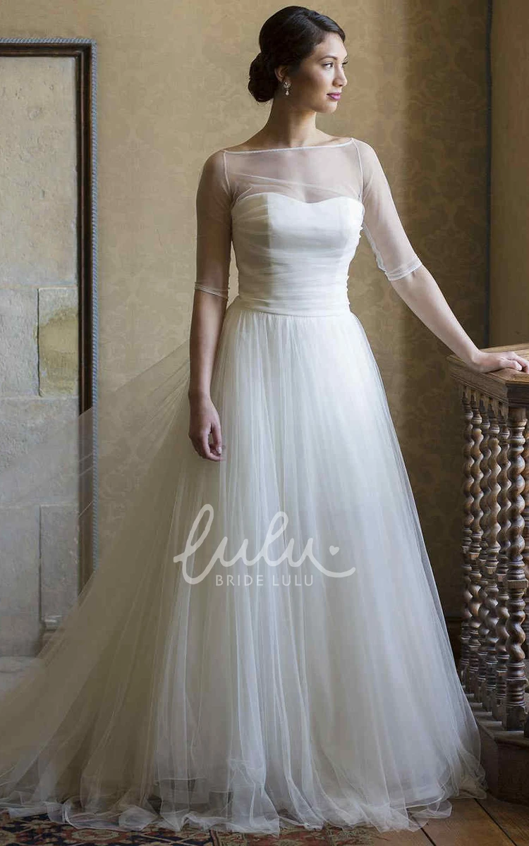 Illusion A-Line Tulle Wedding Dress with Half-Sleeves and Bateau Neckline