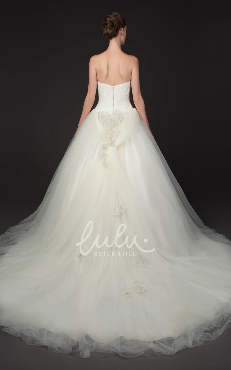 Long Strapless Beaded Tulle Wedding Dress Ball-Gown Sleeveless Ruched Flower Bridal Gown