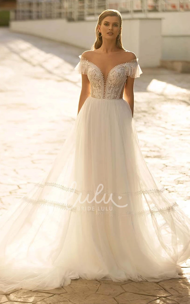 Lace A Line Wedding Dress with Court Train and Appliques Romantic and Beautiful