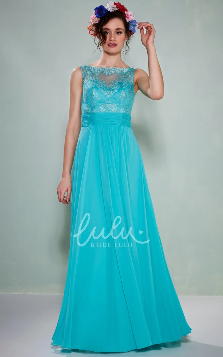 Sleeveless Chiffon Bridesmaid Dress with Illusion Back Bateau Neck Applique Dress