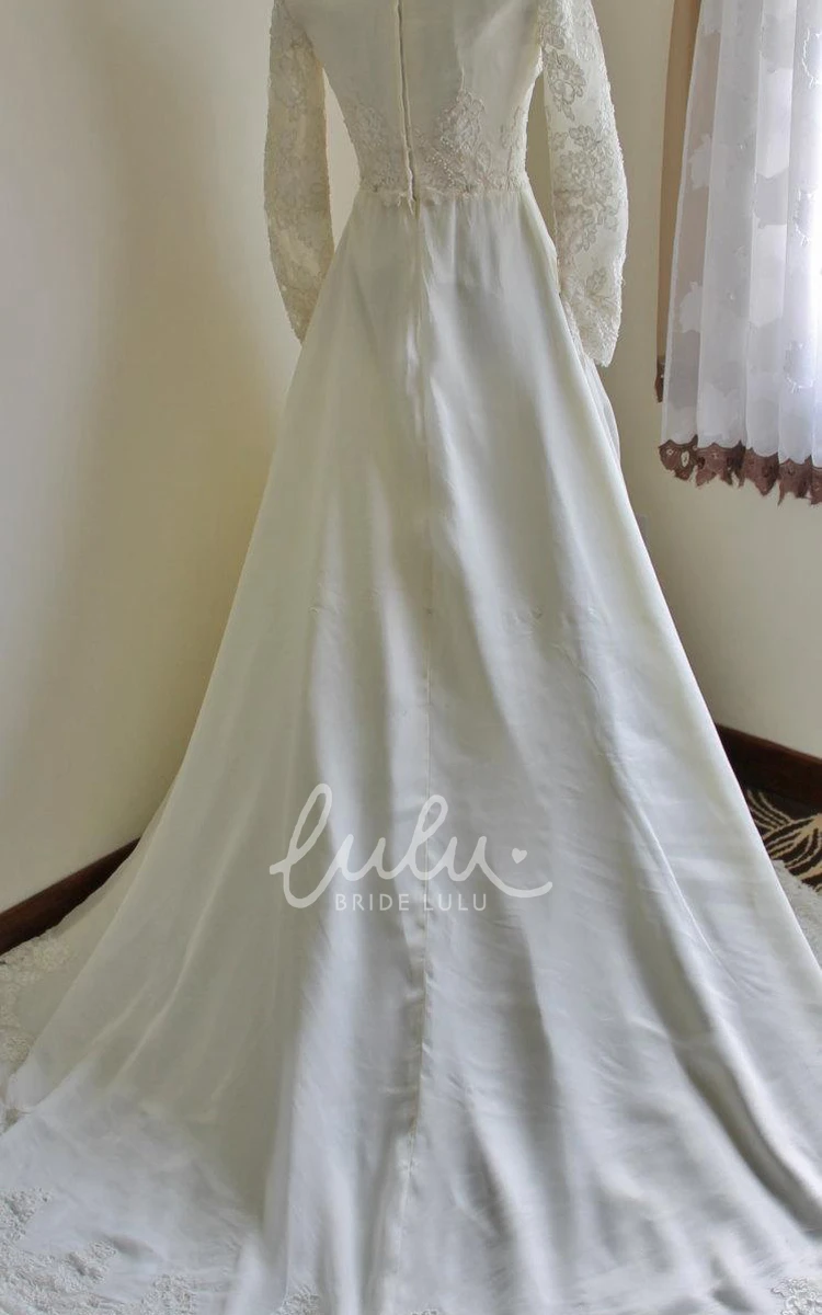 Modern Queen Anne Neck Satin Wedding Dress with Long Sleeves and Lace Hem