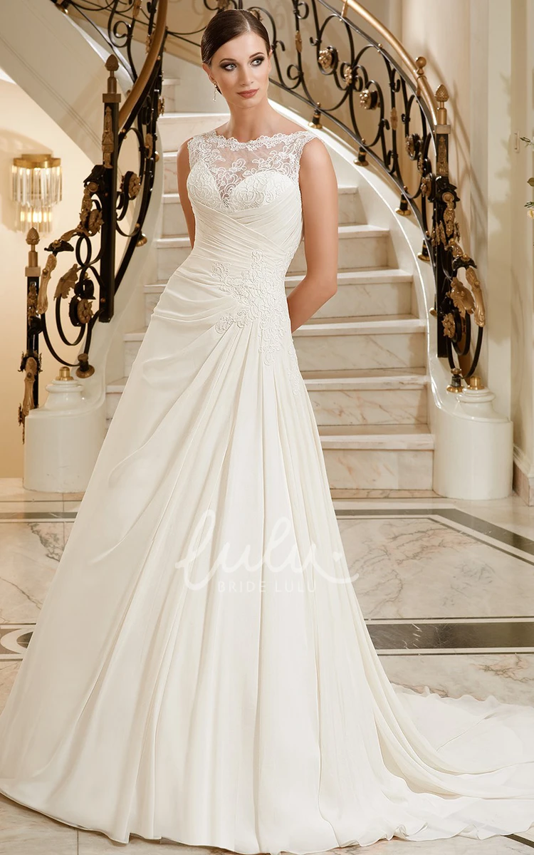 Jewel-Neck Appliqued A-Line Wedding Dress with Side Draping Maxi Length