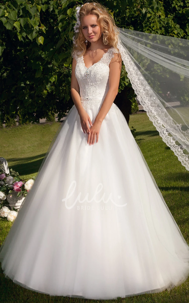 V-Neck Appliqued Tulle Maxi Wedding Dress with Beading Unique Bridal Gown