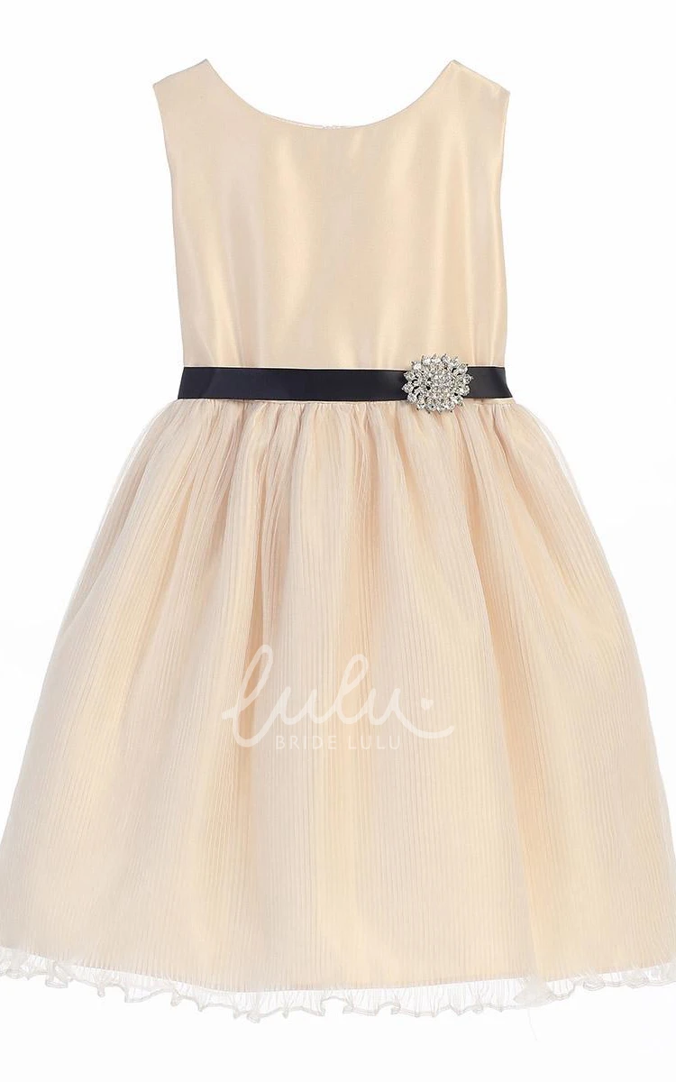 Broach Pleated Organza & Satin Girl Dress Knee-Length Flowy Country