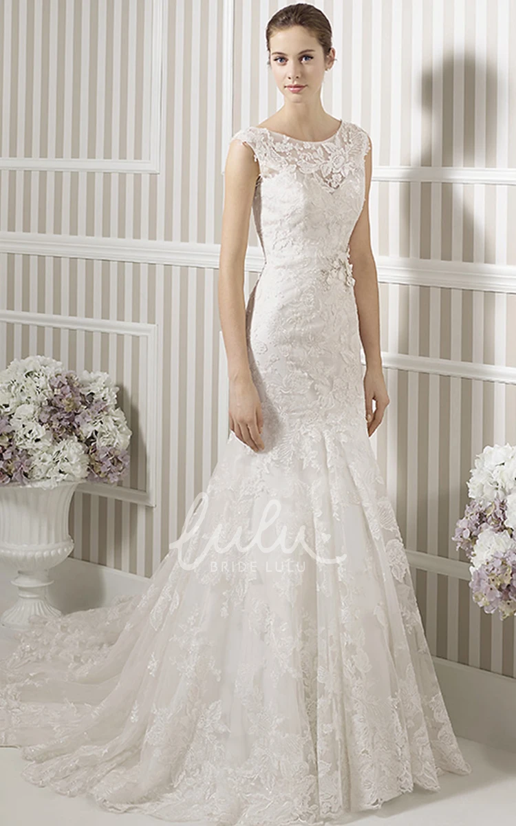 Sleeveless Lace Sheath Wedding Dress with Appliques Pleats and Deep-V Back Modern Bridal Gown