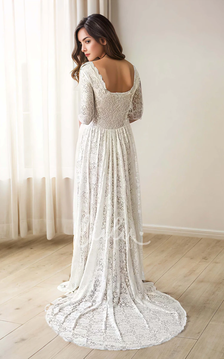Lace Flower Square Neck Bohemian Long Sleeve Sheath Elegant Bride Wedding Dress with Train