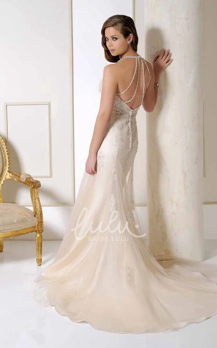 Halter Appliqued Tulle Wedding Dress with Court Train and V-Back Gorgeous Bridal Gown