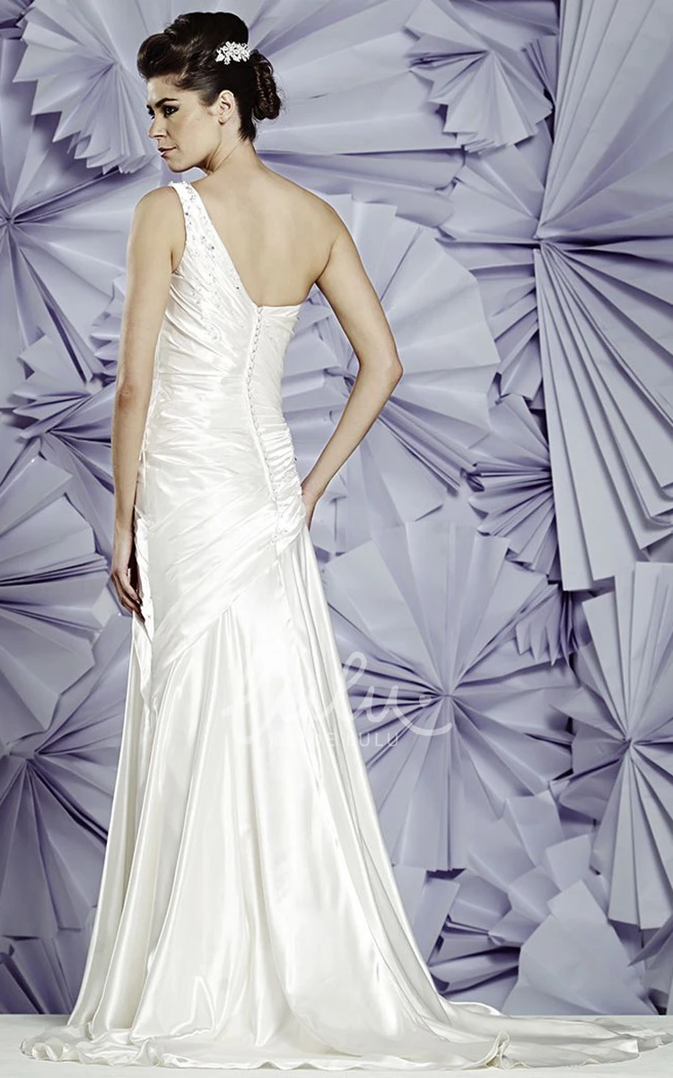 One-Shoulder Beaded Satin Wedding Dress with Side Draping Classy Wedding Dress