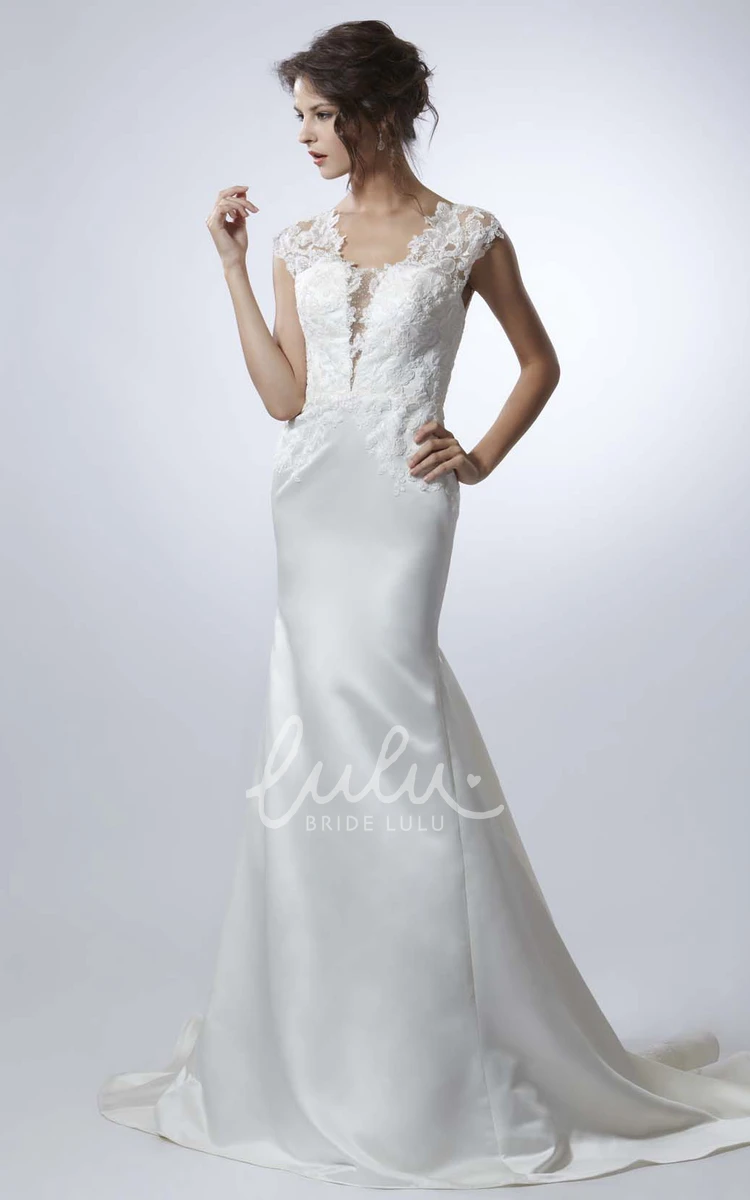 Cap-Sleeve V-Neck Taffeta Wedding Dress with Illusion Elegant Sheath Style