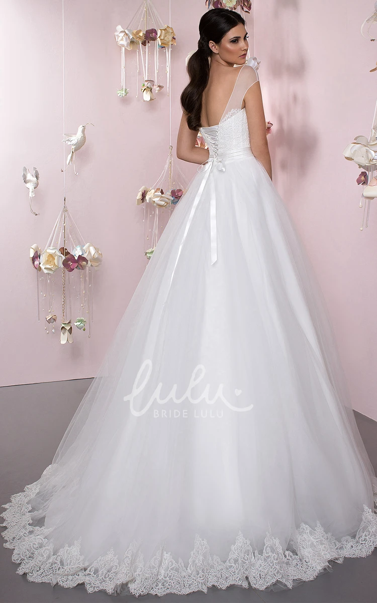 Tulle Cap Sleeve Ball Gown Wedding Dress Appliqued Bateau Neck