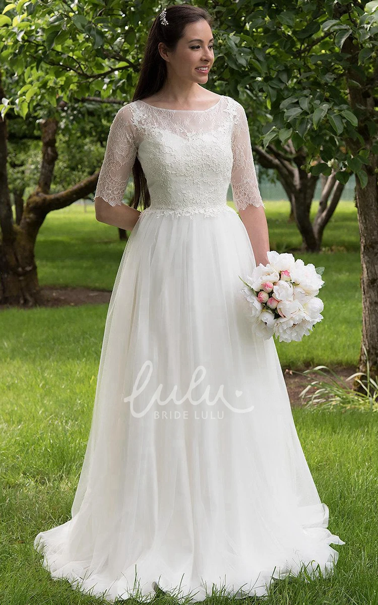 Elbow Sleeve Lace and Tulle A-Line Wedding Dress