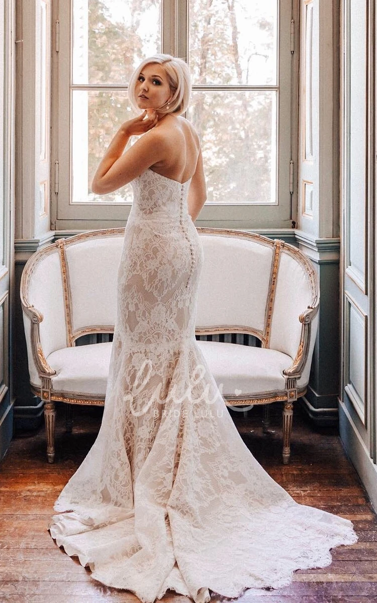 Mermaid Sweetheart Neck Wedding Dress Strapless Lace Sexy Court Train with Button Back