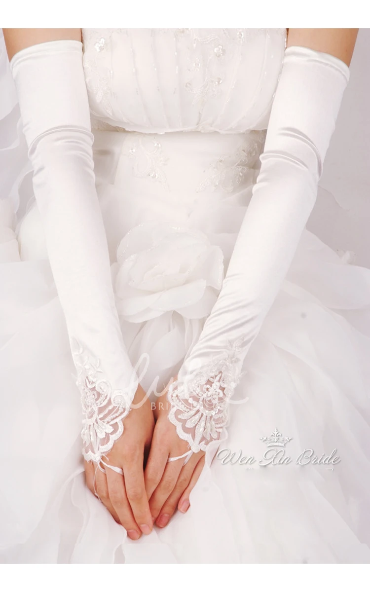 Long White Beaded Satin Gloves for Prom Dress