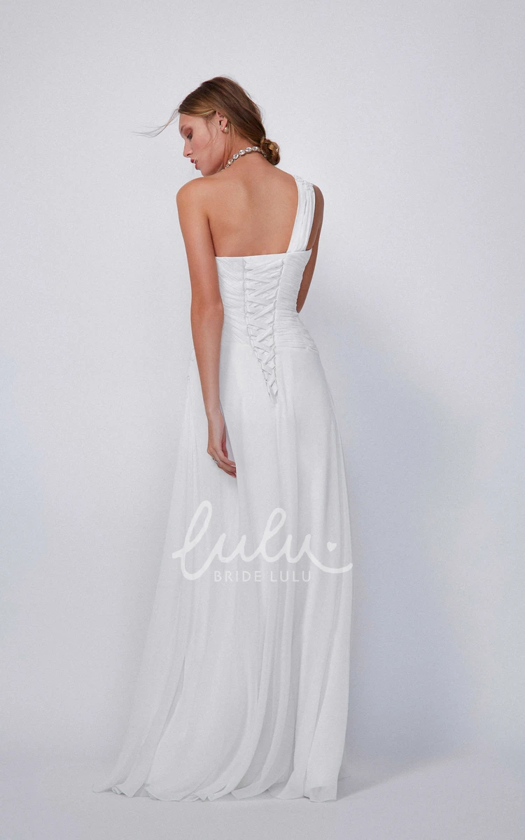 Long Appliqued Chiffon One-Shoulder Bridesmaid Dress with Draping and Corset Back