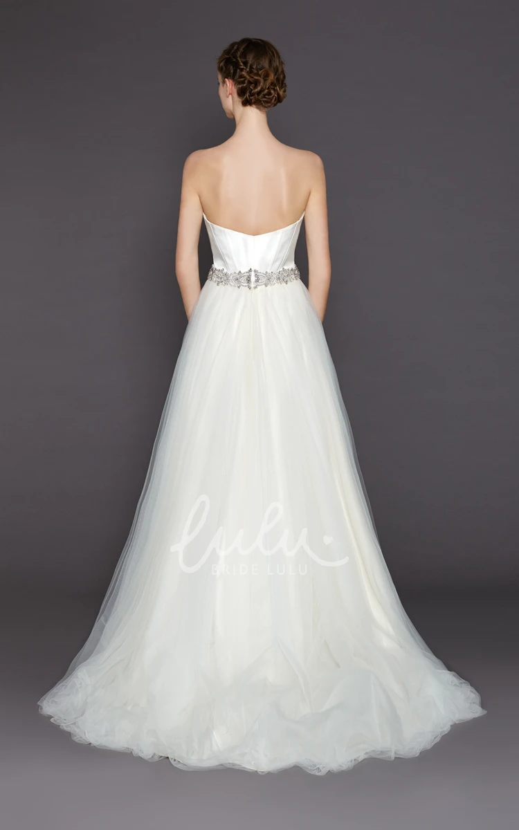 Sweetheart Tulle Wedding Dress with Waist Jewellery and V Back A-Line Floor-Length