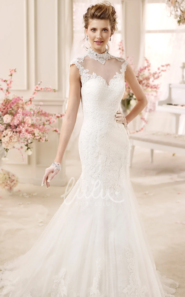 High-Neck Cap-Sleeve Mermaid Wedding Dress with Open Back and Illusive Design