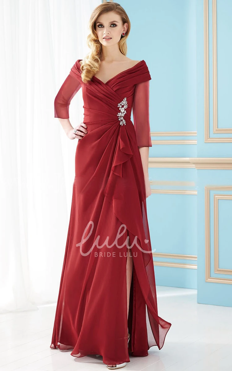 Elegant V-Neck Mother of the Bride Dress with Sleeves and Crystals