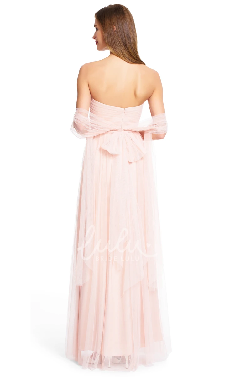 Sleeveless Tulle Sheath Bridesmaid Dress Maxi Style with Straps and Ruching