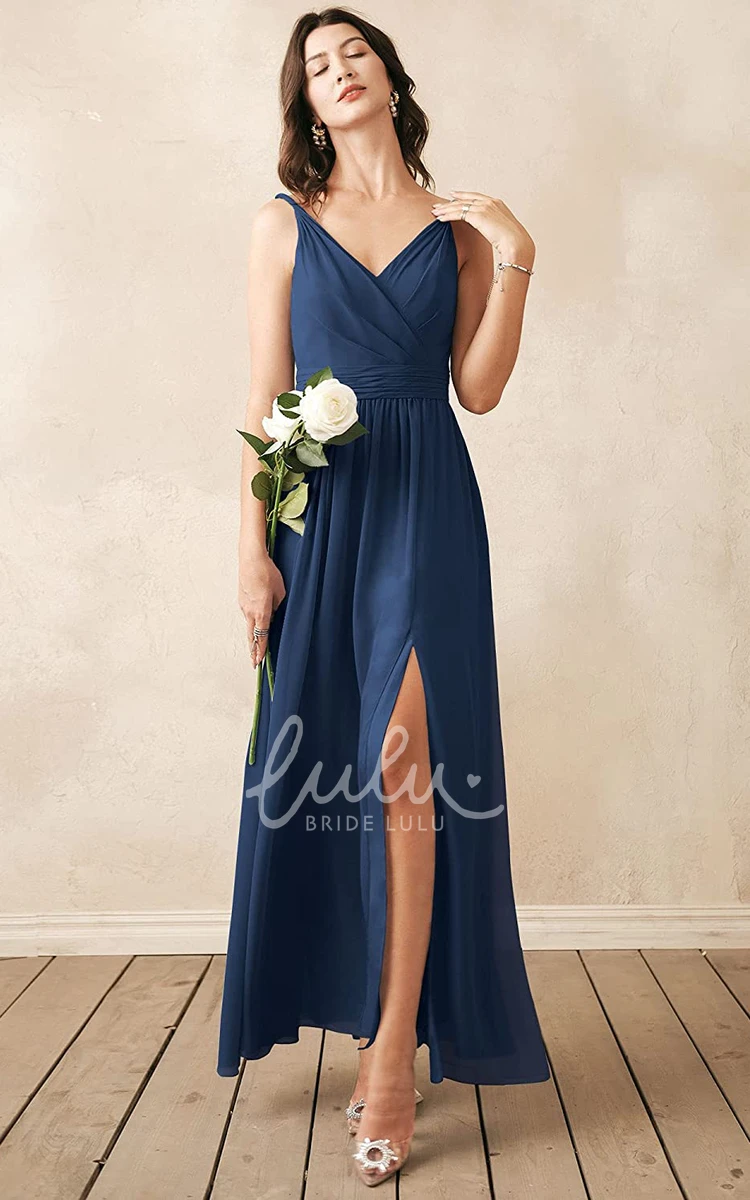 Sleeveless V-neck Chiffon A-line Bridesmaid Dress with Ruching Elegant