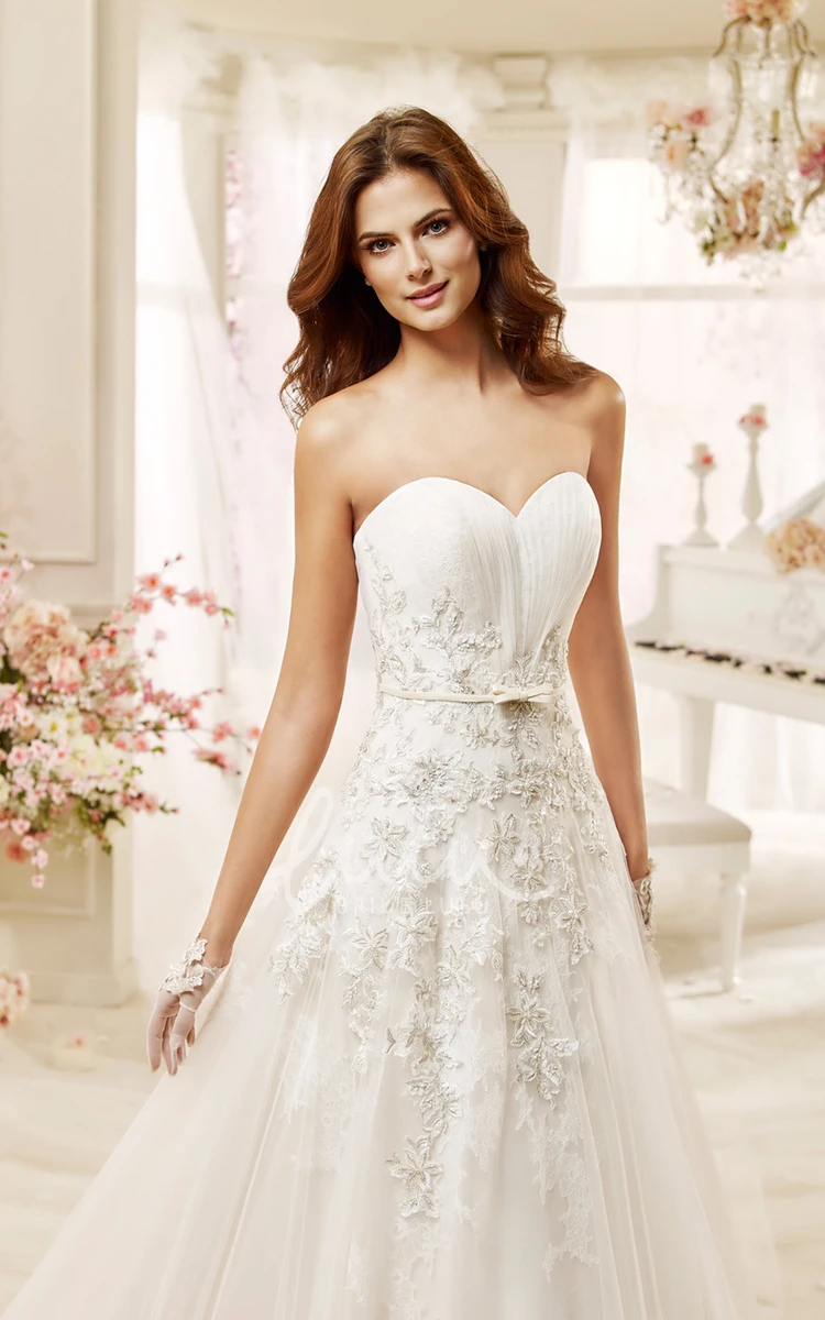 A-line Wedding Dress with Beaded Appliques and Brush Train Sweetheart Style