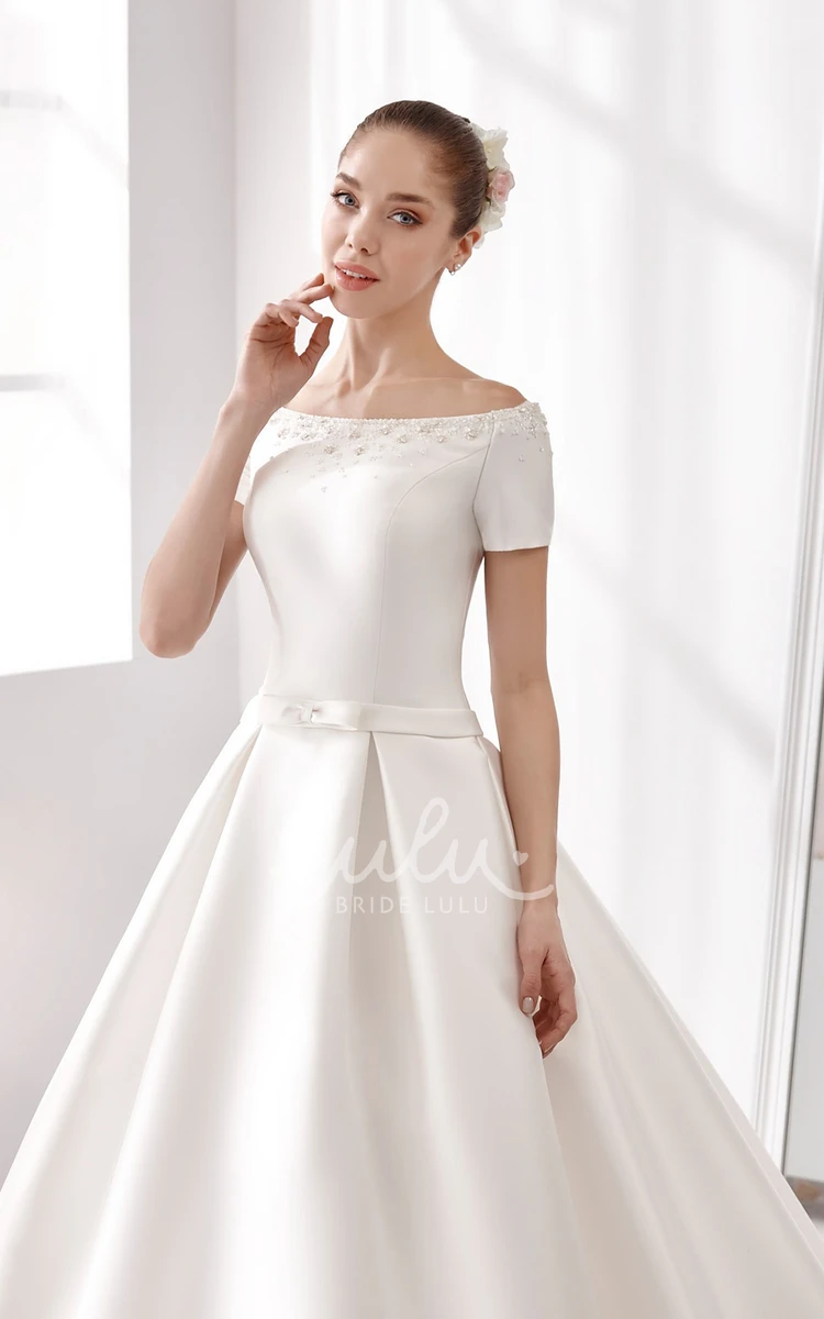 A-Line Satin Wedding Dress with Off-Shoulder Design and Beaded Details