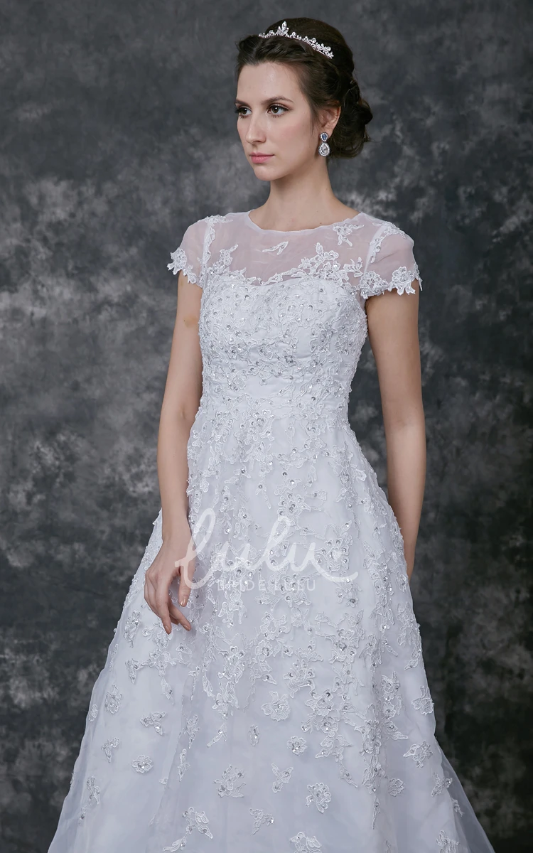 Tea-length Lace Wedding Dress with Short Sleeves