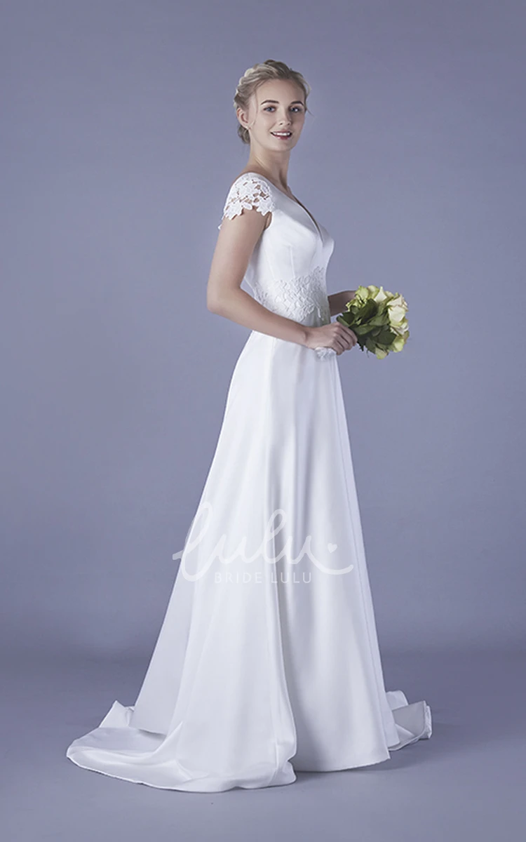 Satin Plunging V-neck Wedding Dress with Floral Cap Sleeves and Appliques