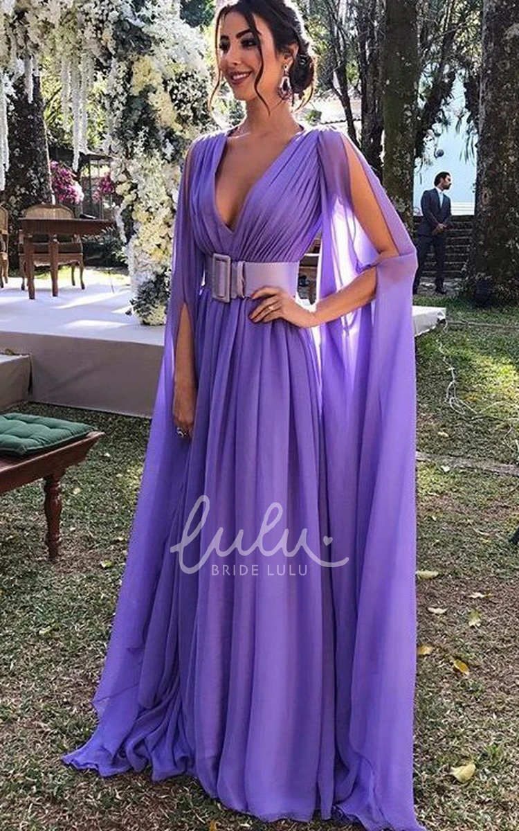 Plunging Neckline Chiffon A Line Long Sleeve Evening Dress with Sash Simple Formal Dress