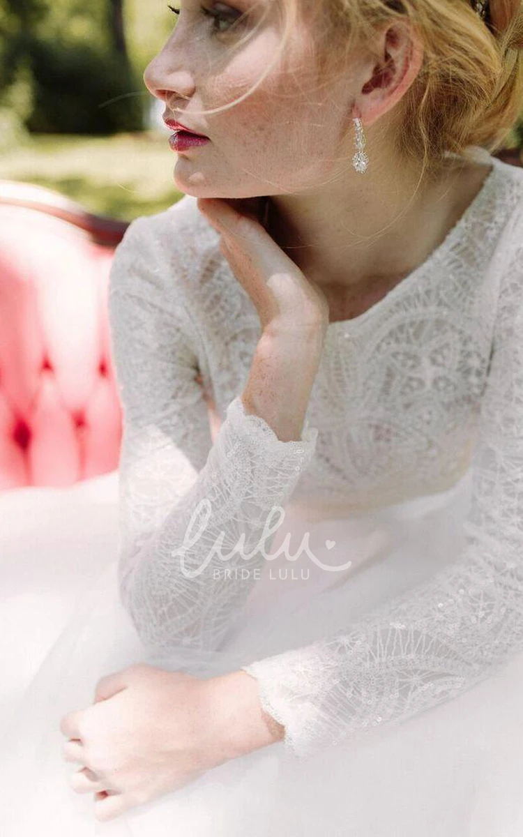 Sequin Lace Top Tulle Dress Scoop Long Sleeve