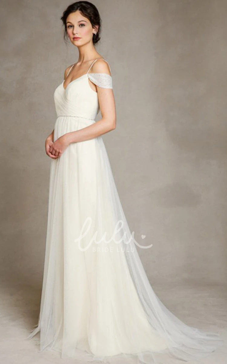 Spaghetti Strap Tulle A-Line Wedding Dress with Jeweled Accents and Pleats