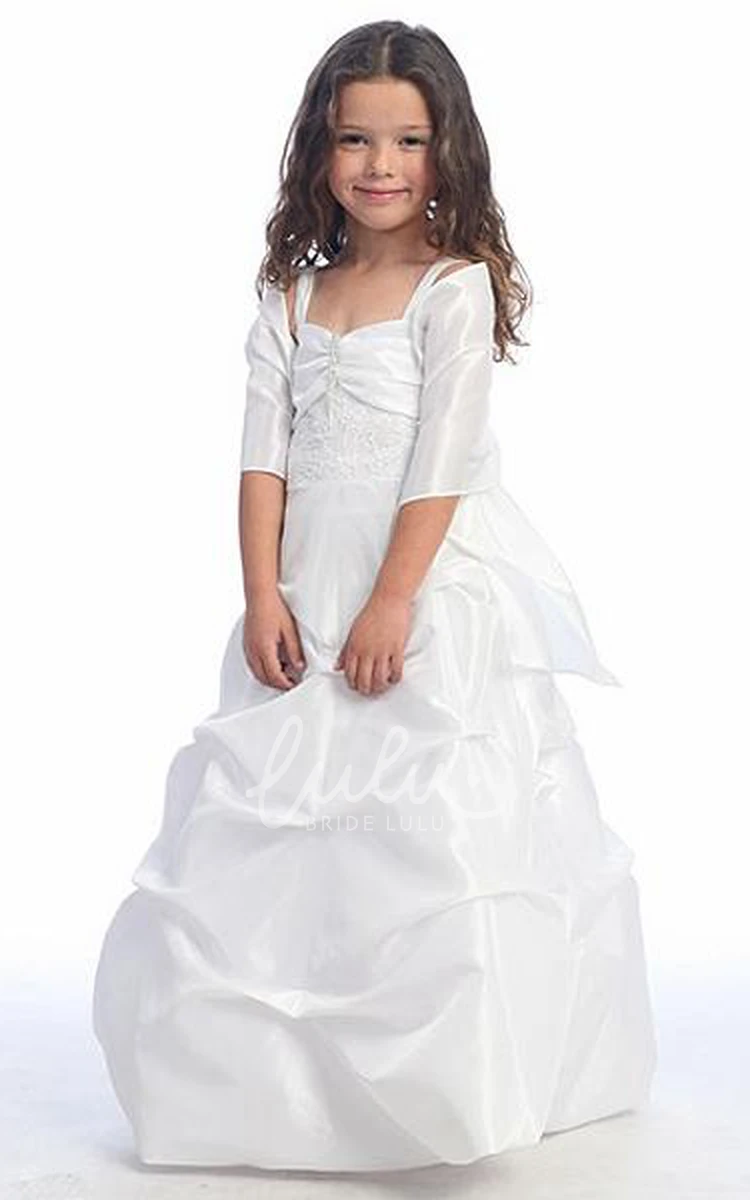 Tiered Taffeta Flower Girl Dress with Spaghetti Cape and Pick Up
